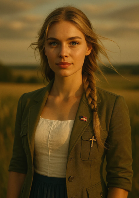 Rechte Influencerinnen.
KI generiertes Bild: Create a cinematic portrait of a young woman in her early 20s who appears like a symbolic fighter for "freedom and tradition" from a far-right perspective. She should be strikingly beautiful in a natural, traditional way: long blonde hair braided or softly falling, bright blue eyes, clear fair skin. She wears modest but fitted clothing – a white blouse, a dark blue dirndl-style skirt or military-green jacket with national symbols subtly integrated (e.g., a small flag pin or traditional Christian cross). Her expression is confident, warm, and determined – a mix of strength and care. Place her in a countryside setting at golden hour, standing with wind in her hair, evoking a feeling of purity, clarity, and ideological strength. She should appear like someone men trust, women admire, and all want to follow. Add cinematic lighting, soft depth of field, and a hint of vintage patriotism in the color grading.